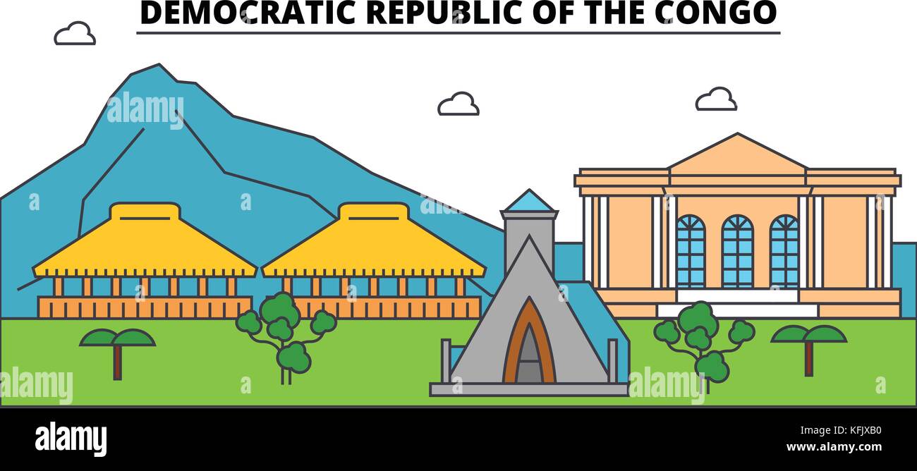 Democratic Republic Of The Congo outline city skyline, linear illustration, banner, travel landmark, buildings silhouette,vector Stock Vector