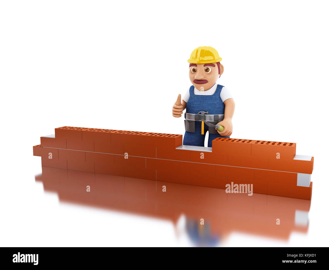 3d illustration. Worker with a trowel building brick wall. Construction concept. Isolated white