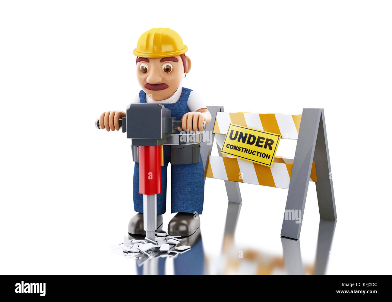 3d illustration. Worker with with jackhammer and under construction ...