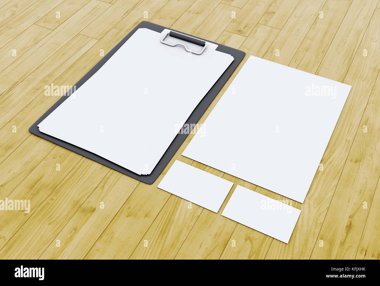 3d illustration. Business cards and blank notepads on wooden table. Mock-up for branding identity Stock Photo