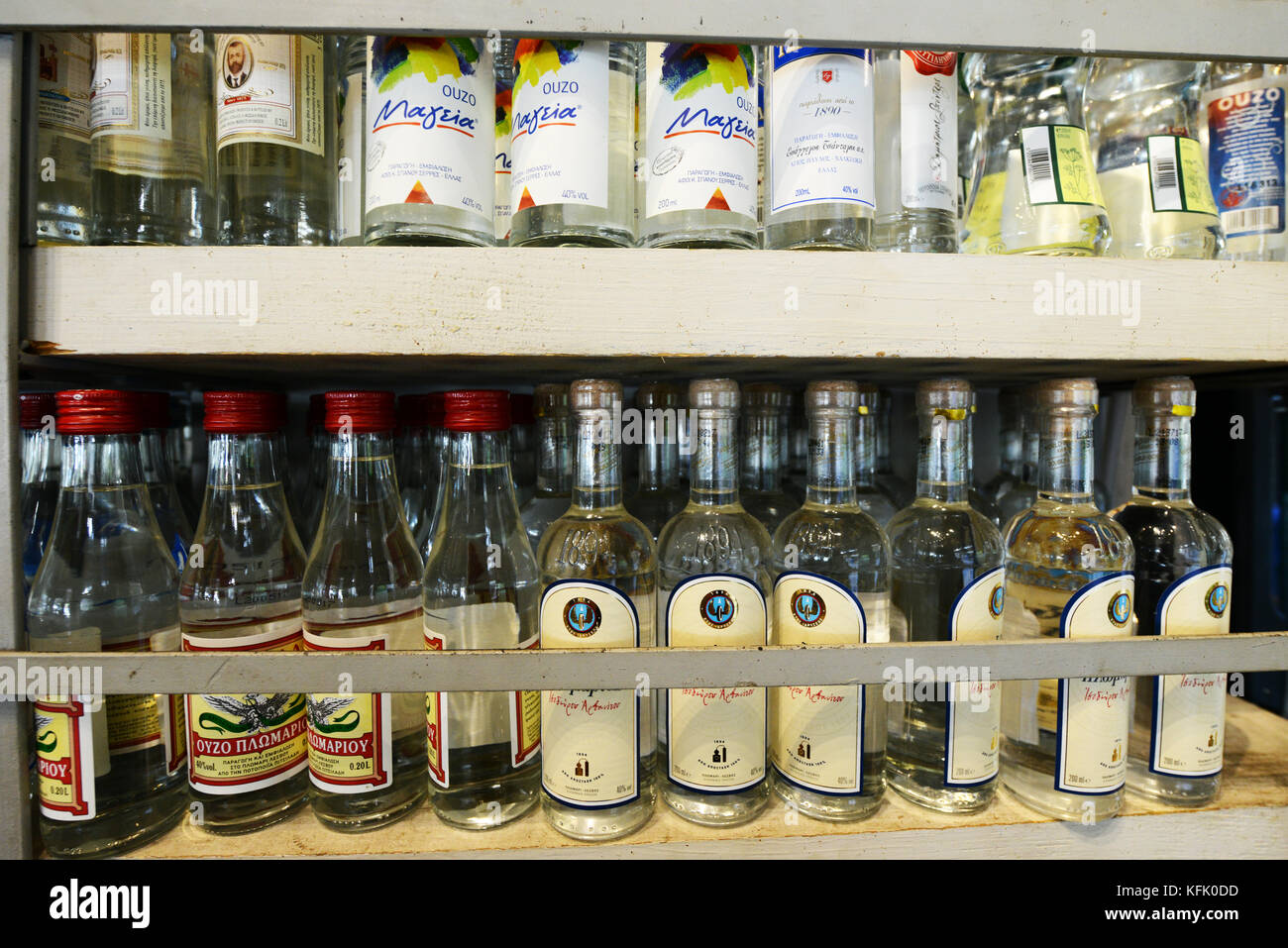 Ouzo bottles in 'The Greek' restaurant / Tavern in Thessaloniki, Greece. Stock Photo