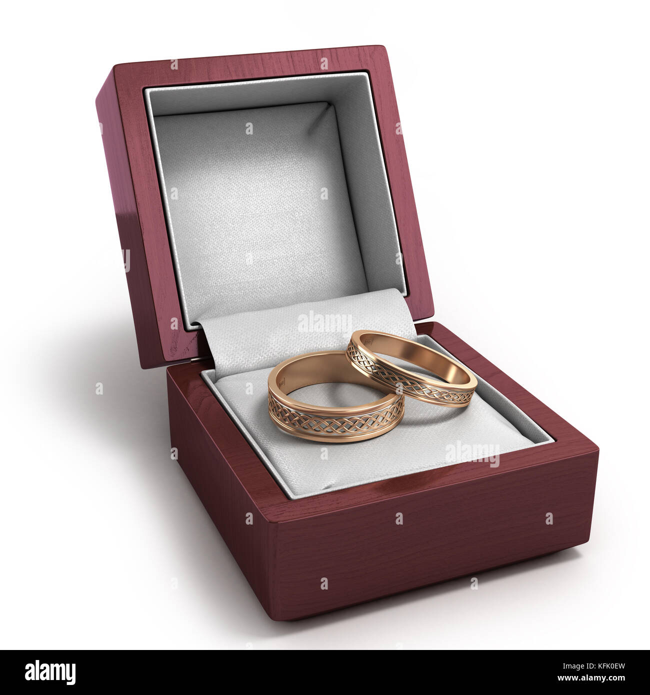 3d render of wooden lacquered gift box for rings with two wedding rings inside insulated on white Stock Photo