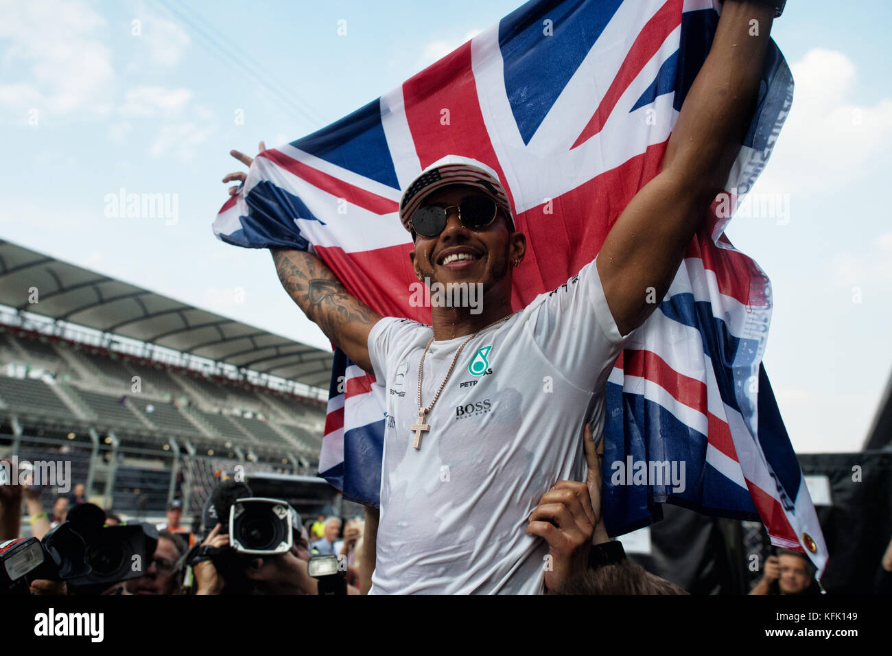 Mercedes' Lewis Hamilton celebrates winning the Formula One drivers' championship during the Mexican Grand Prix at the Autodromo Hermanos Rodriguez, Mexico City. Stock Photo