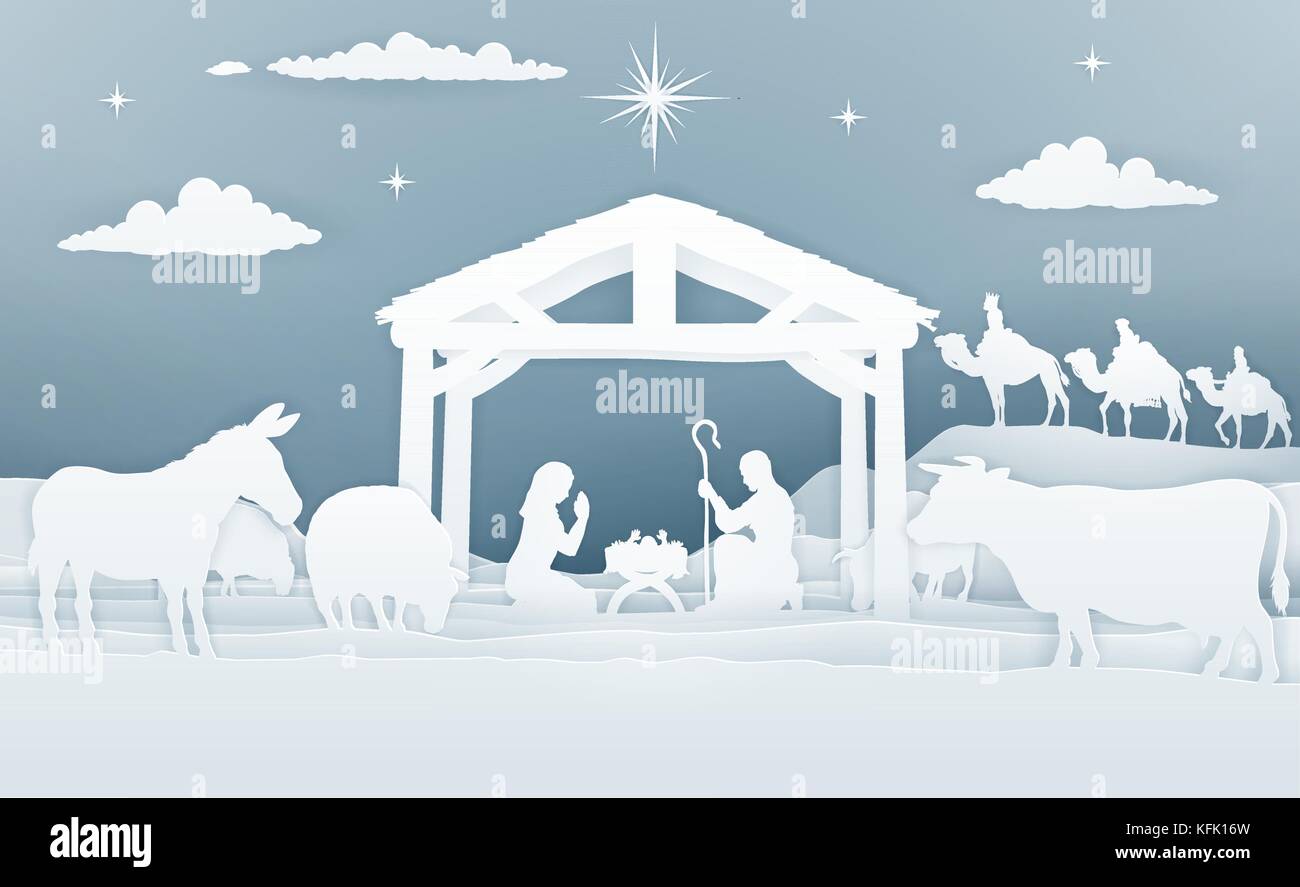 Nativity Christmas Scene Paper Art Style Stock Vector
