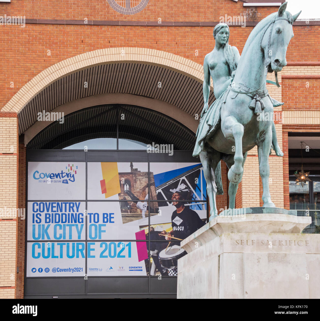 Poster promoting Coventry's bid to host the City of culture 2021 with Lady Godiva statue, Coventry, England, UK Stock Photo