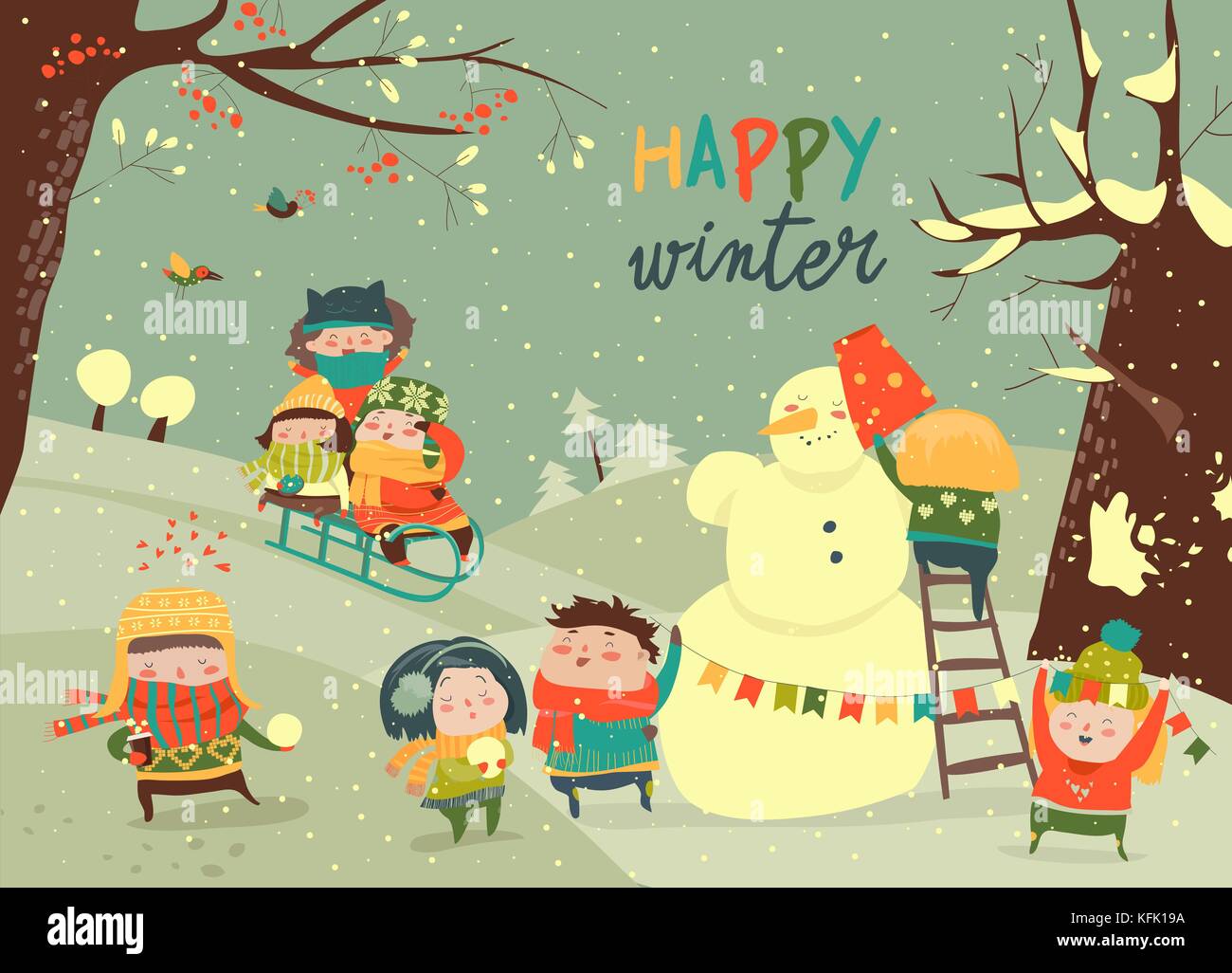 Cute kids playing winter games Stock Vector