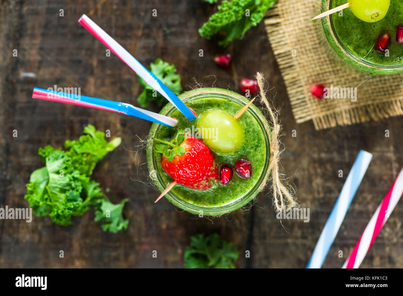Healthy green kale and grapes smoothie top view Stock Photo Alamy