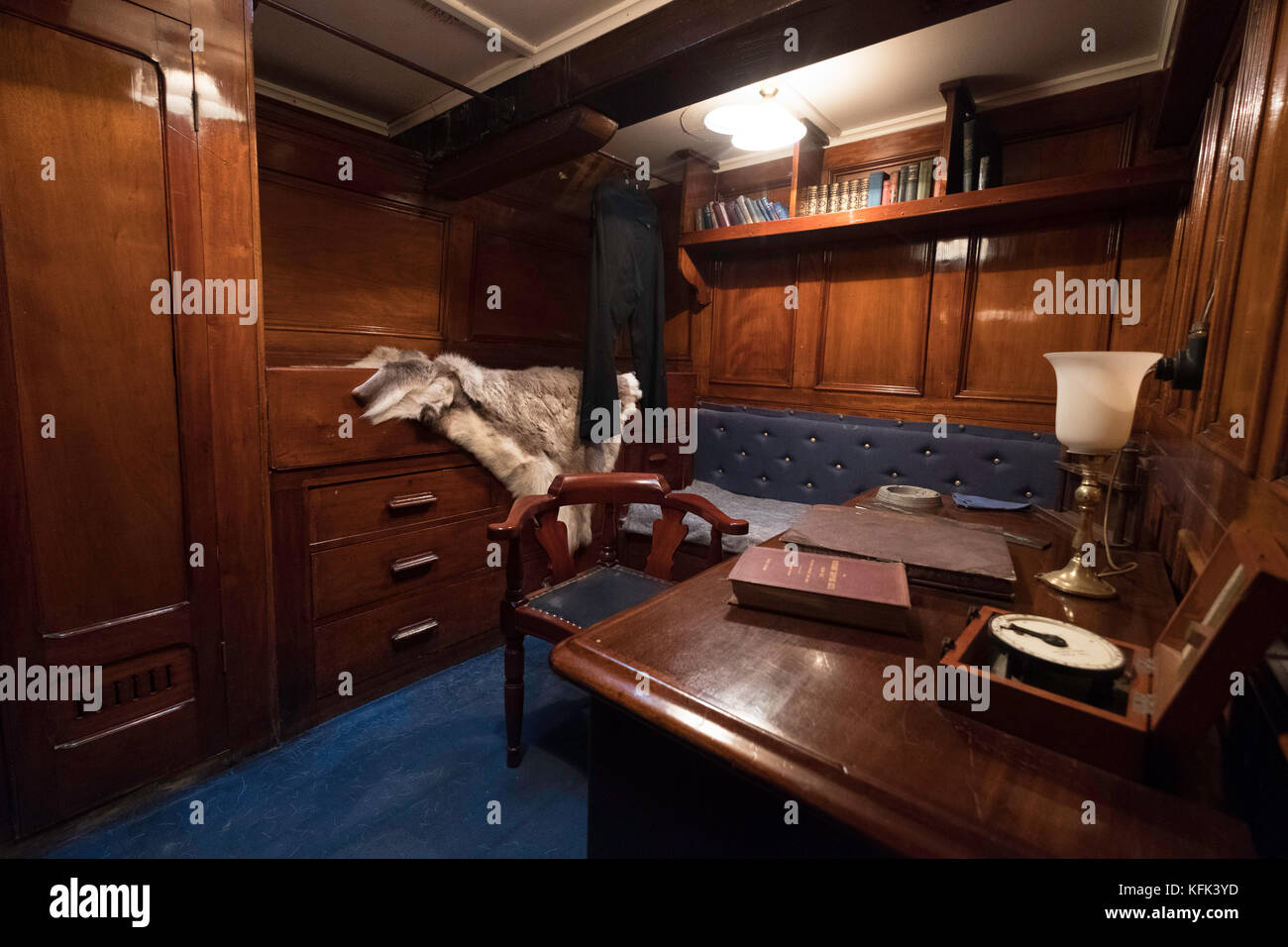 Interior of officer's cabin on the Discovery ship berthed at Discovery Point in Dundee ,Tayside, Scotland, Stock Photo