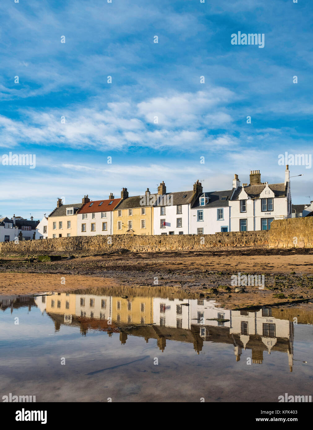 View of historic row of houses in Anstruther fishing village in East
