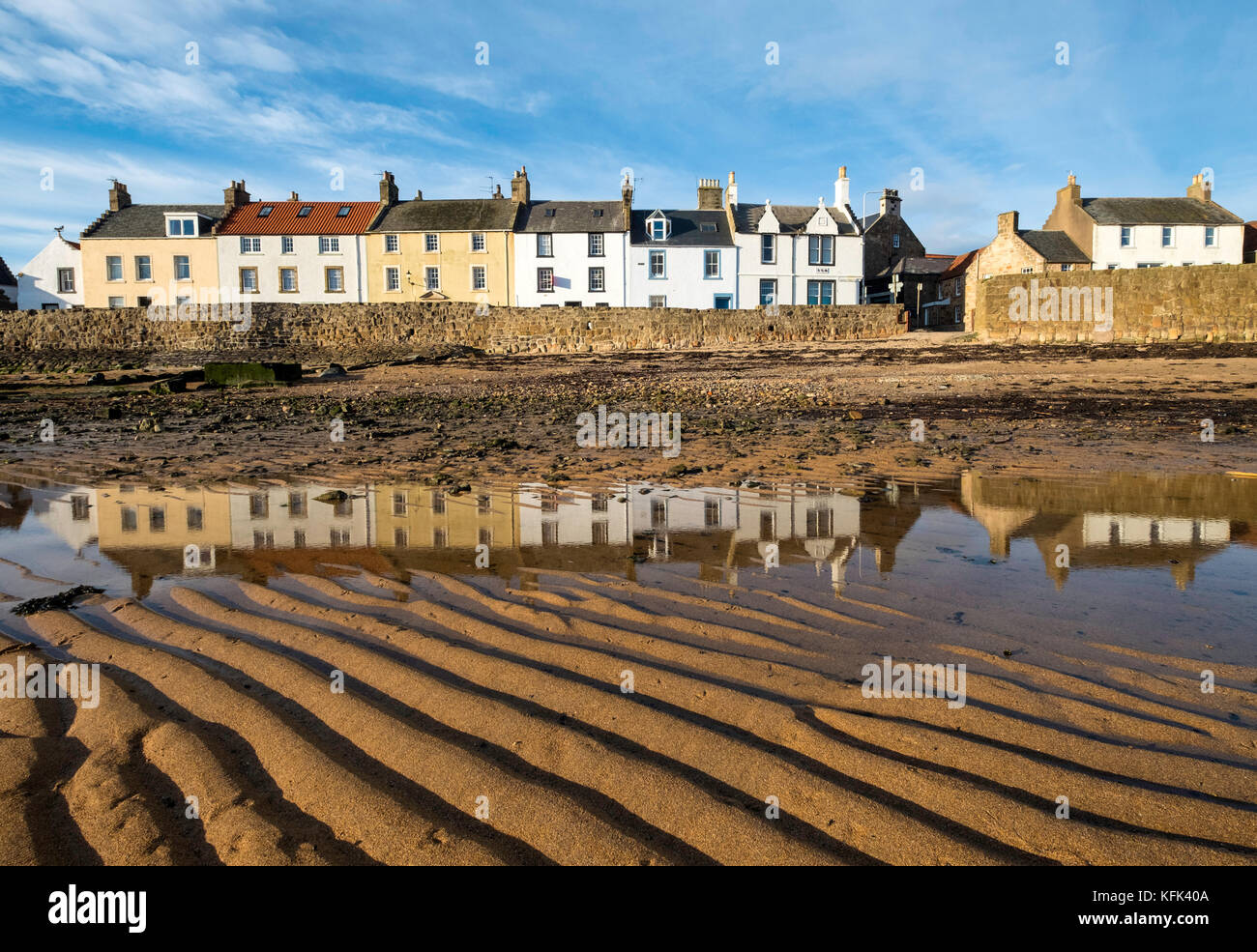 View of historic row of houses in Anstruther fishing village in East ...