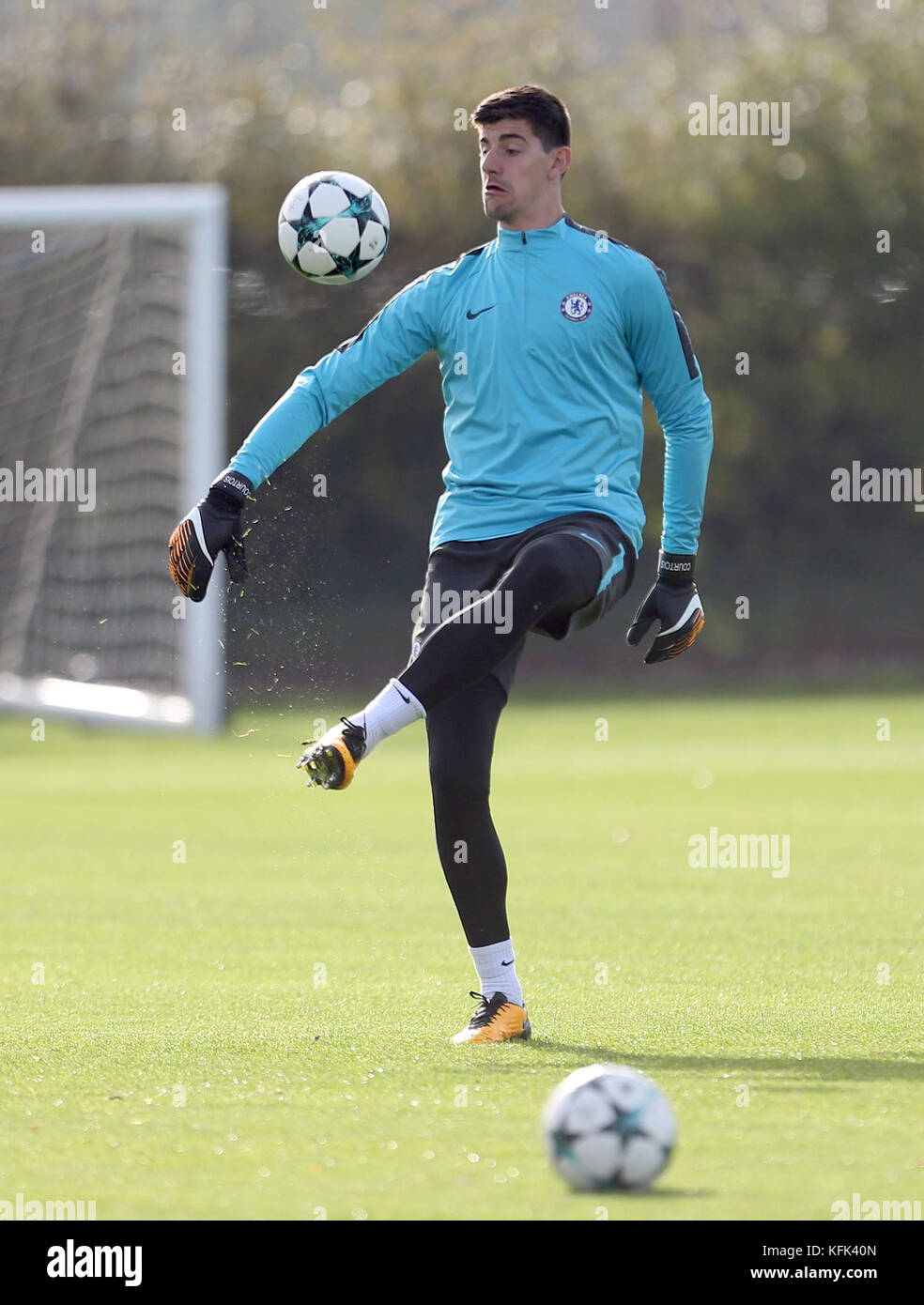 Chelsea goalkeeper Thibaut Courtois during the training session at CFC Training Ground, Cobham. Stock Photo