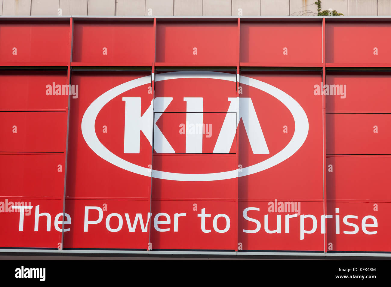 Frankfurt, Germany - Sep 20, 2017: Kia - the power to surprise - company logo and slogan at the Frankfurt International Motorshow 2017 Stock Photo