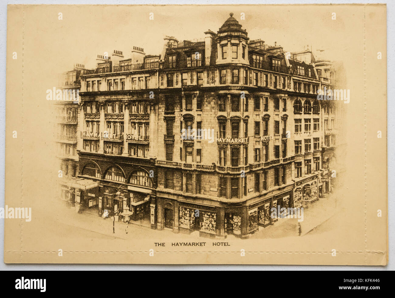 Old monochrome postcard from The Haymarket Hotel, London, corner of Haymarket and Piccadilly, now demolished, with black and white photograph of the hotel. Stock Photo