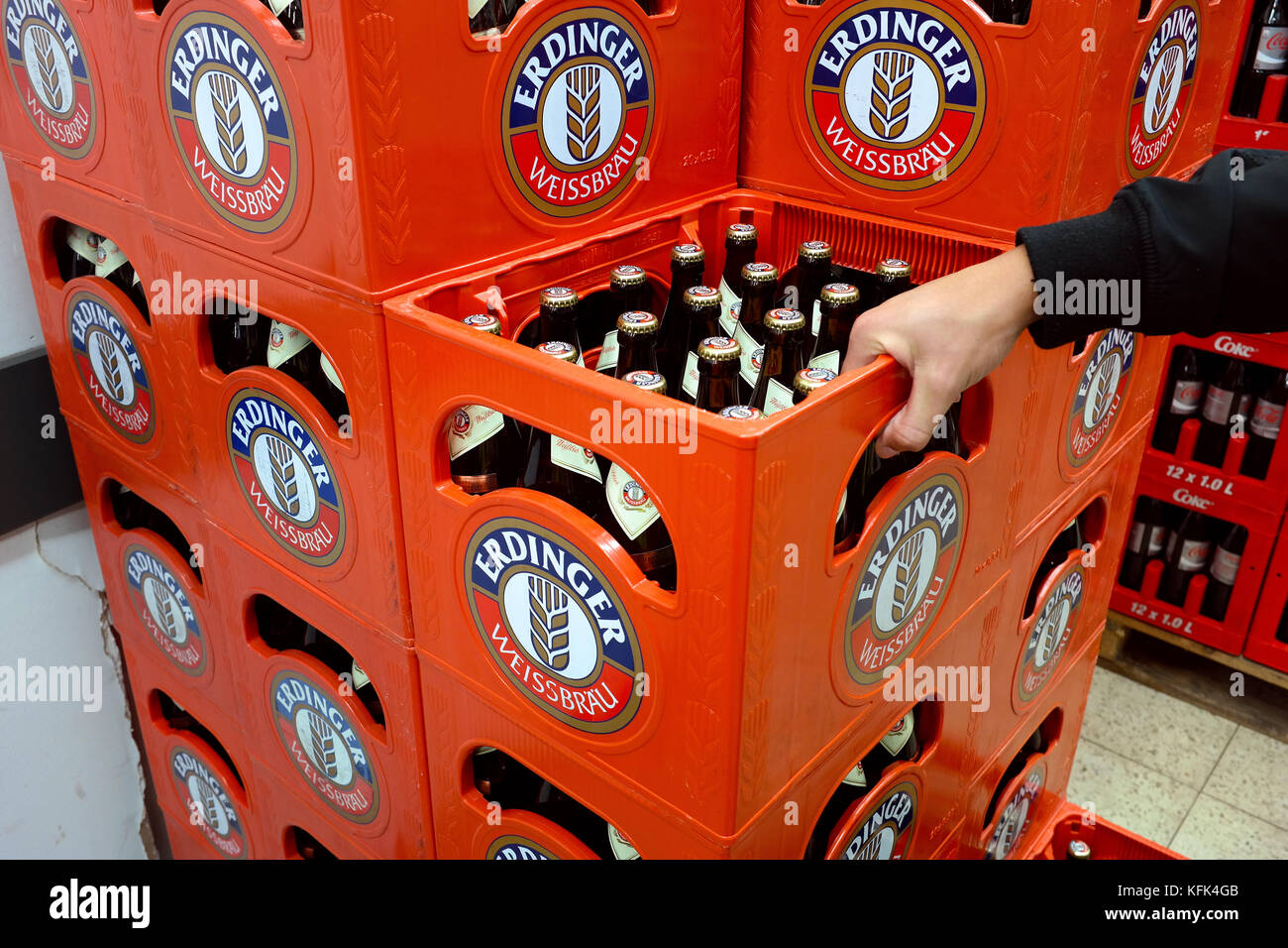 Erdinger beer crates are piled up in a supermarket in Aachen Stock Photo
