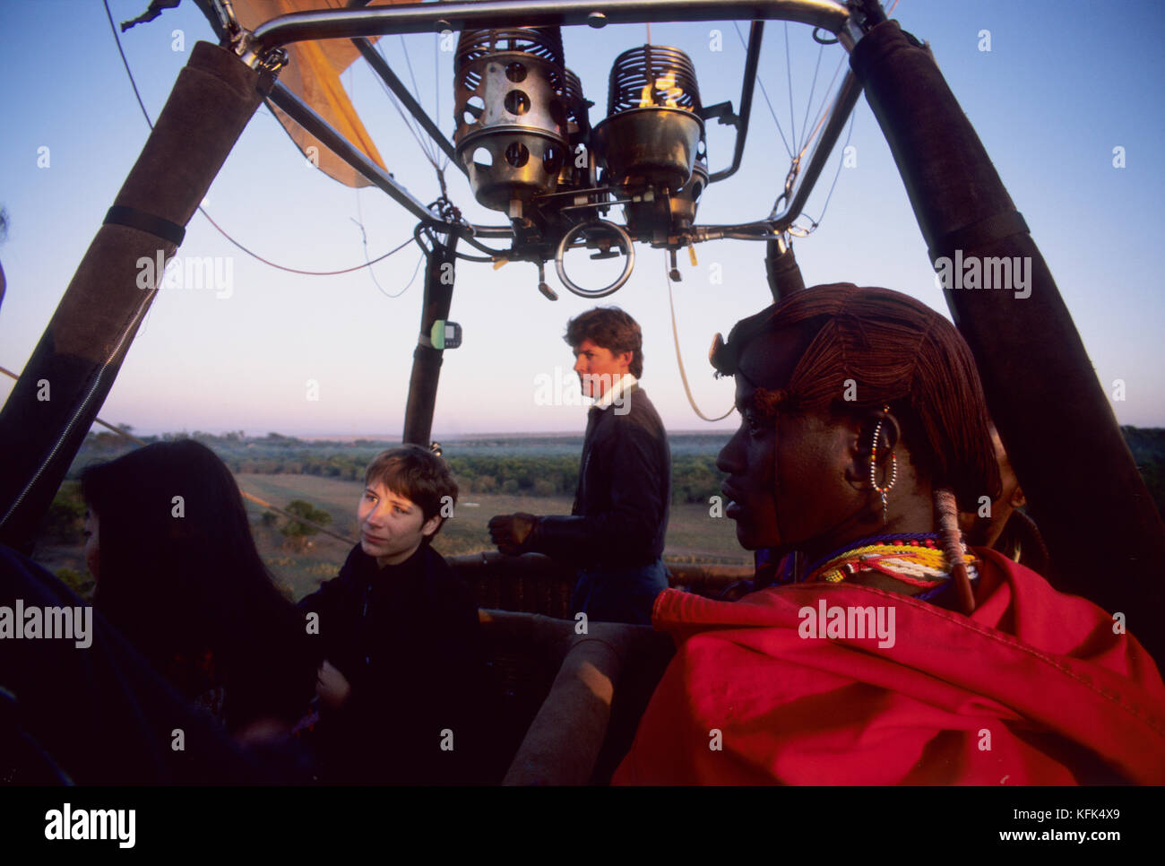 Masai tribesmen on a balloon ride, Masai Mara Game Reserve, Kenya Stock Photo