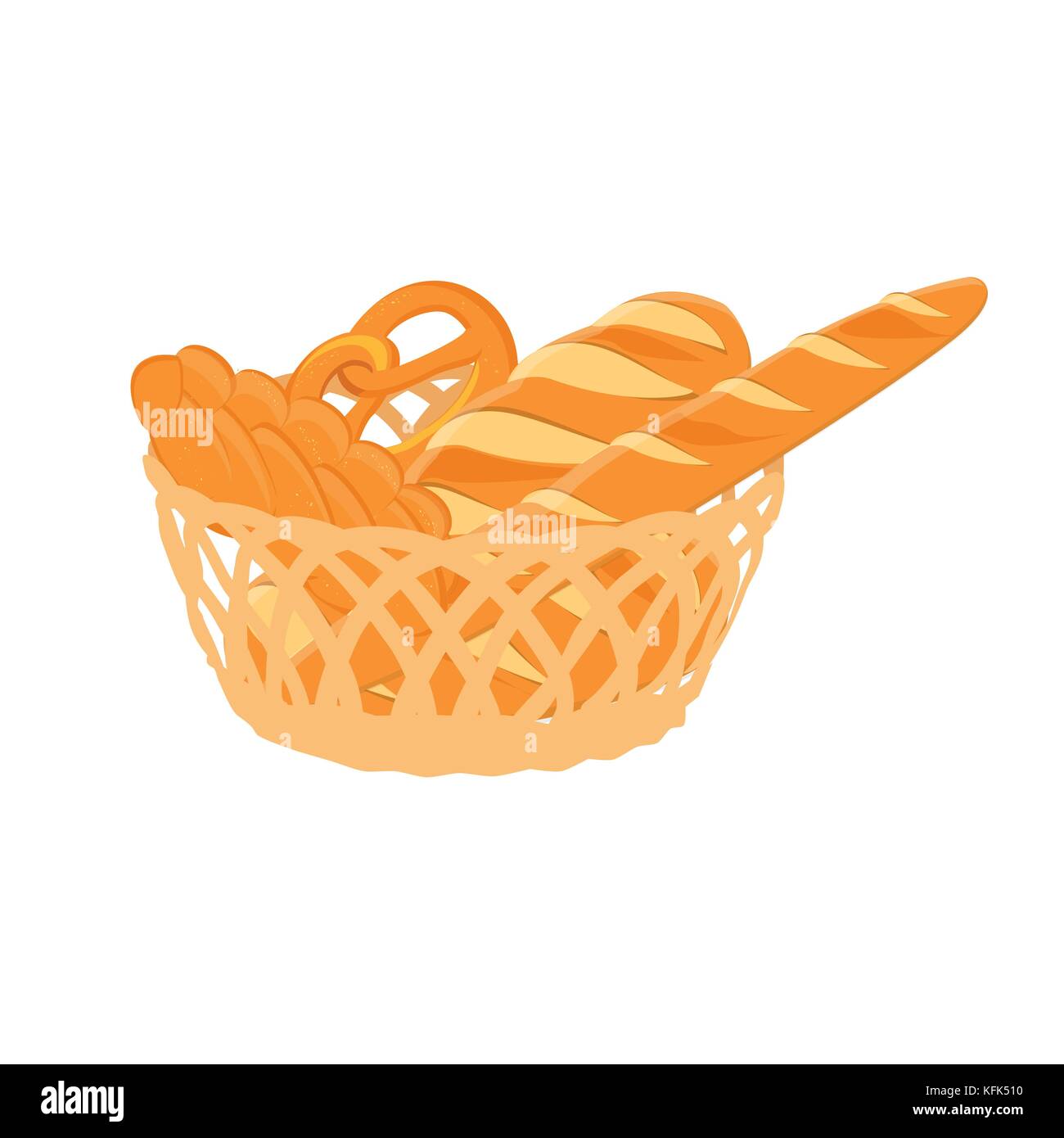 Vector illustration wicker basket with full with bakery. Bread and buns ...