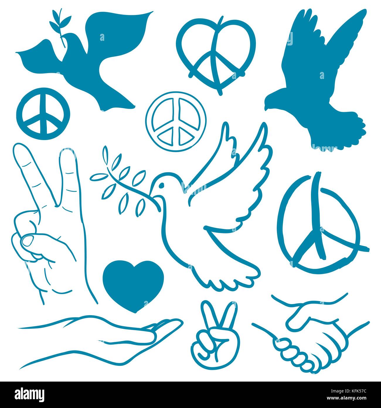 Collection of peace and love themed icons with white dove flying carrying olive branch, v-sign hand gesture, handshake of friendship, heart - vector Stock Vector