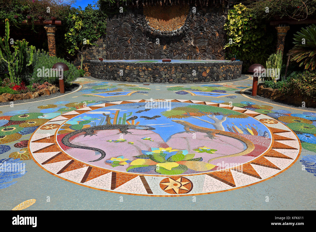 La Palma, Canary Island, Las Manchas region, a plaza made of mosaics, plants and volcanoes, Plaza La Glorieta, by the artist Luis Morera, in the littl Stock Photo
