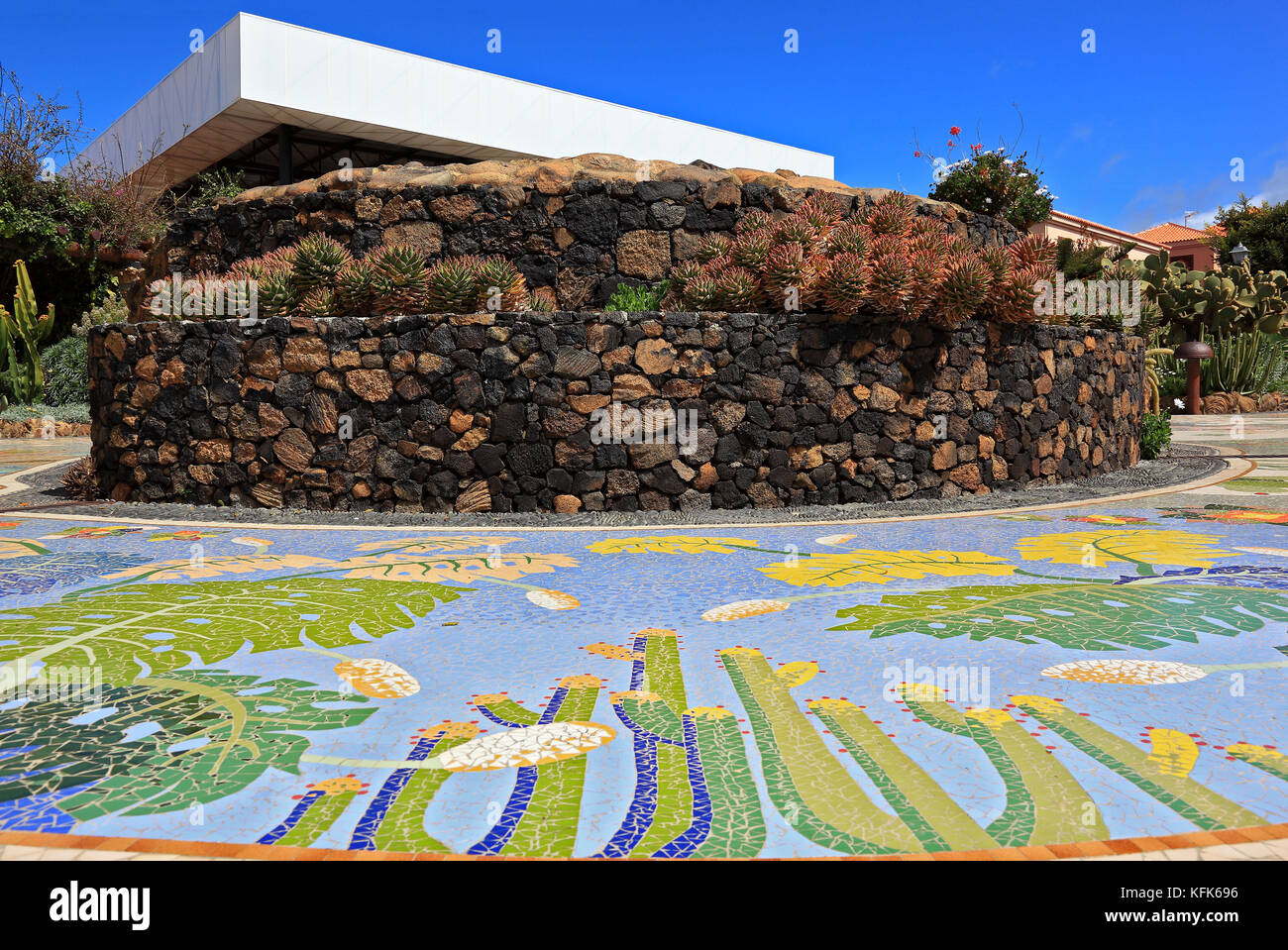 La Palma, Canary Island, Las Manchas region, a plaza made of mosaics, plants and volcanoes, Plaza La Glorieta, by the artist Luis Morera, in the littl Stock Photo