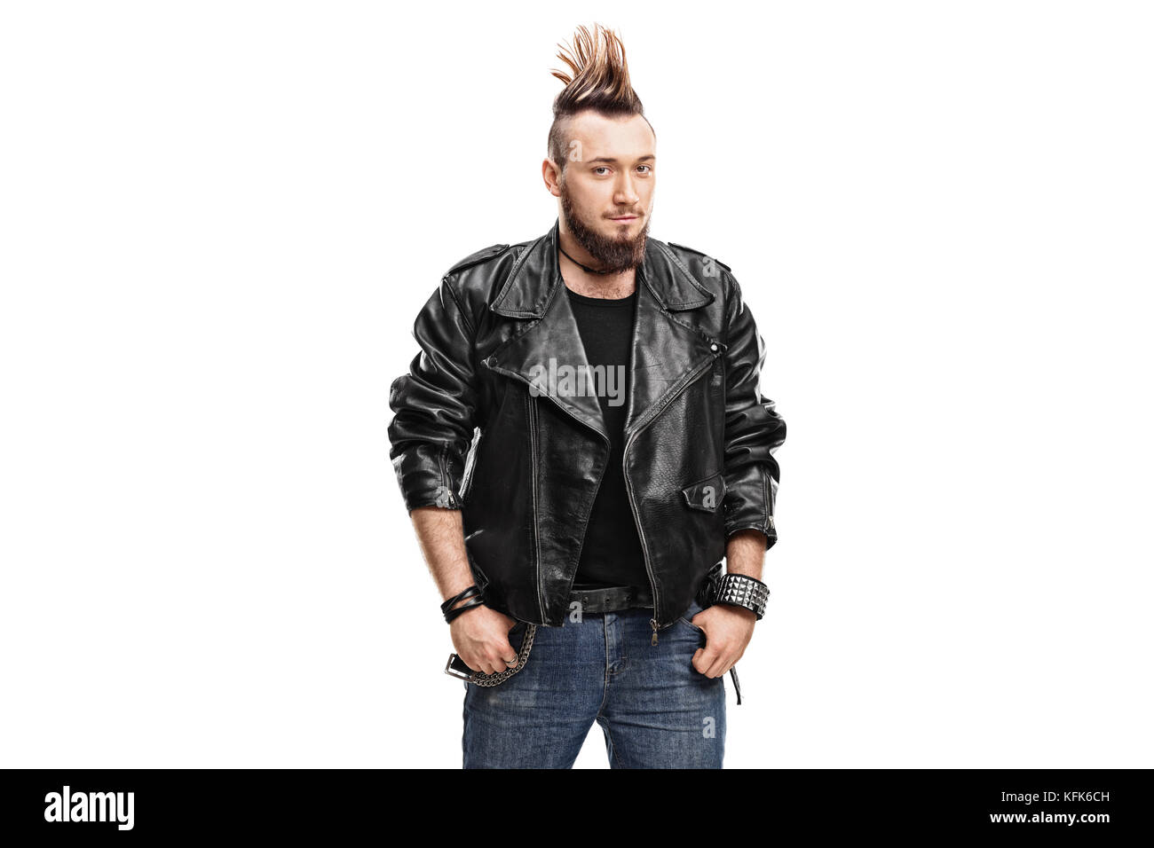 Punker in a black leather jacket isolated on white background Stock Photo
