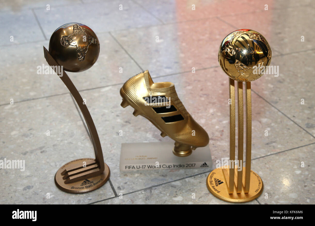 A general view of Rhian Brewster's Adidas Bronze Ball trophy (lef), Rhian  Brewster's Adidas Golden Boot trophy and Phil Foden's Adidas Golden ball  trophy as the Under-17 World Cup winning side arrive
