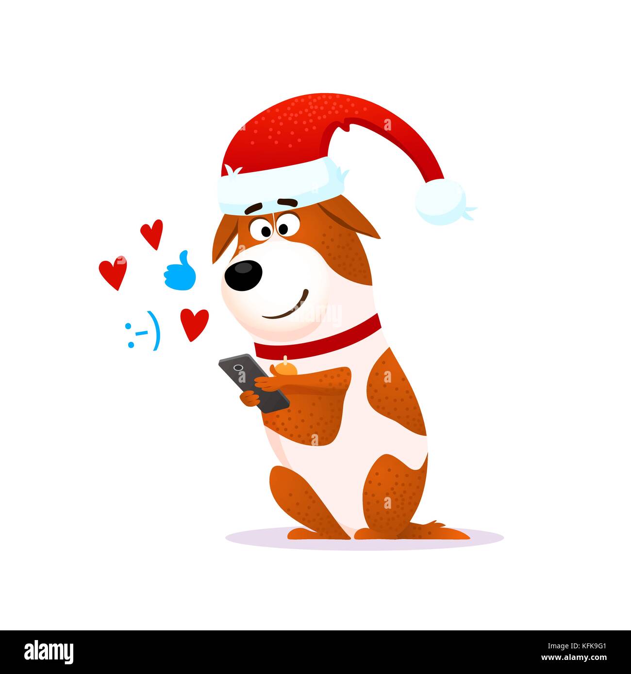 Funny cartoon dog portrait with mobile phone. Flat character in Santa Claus  hat for Christmas or New Year 2018. Puppy Terrier with device isolated on  white background. Christmas vector illustration Stock Vector