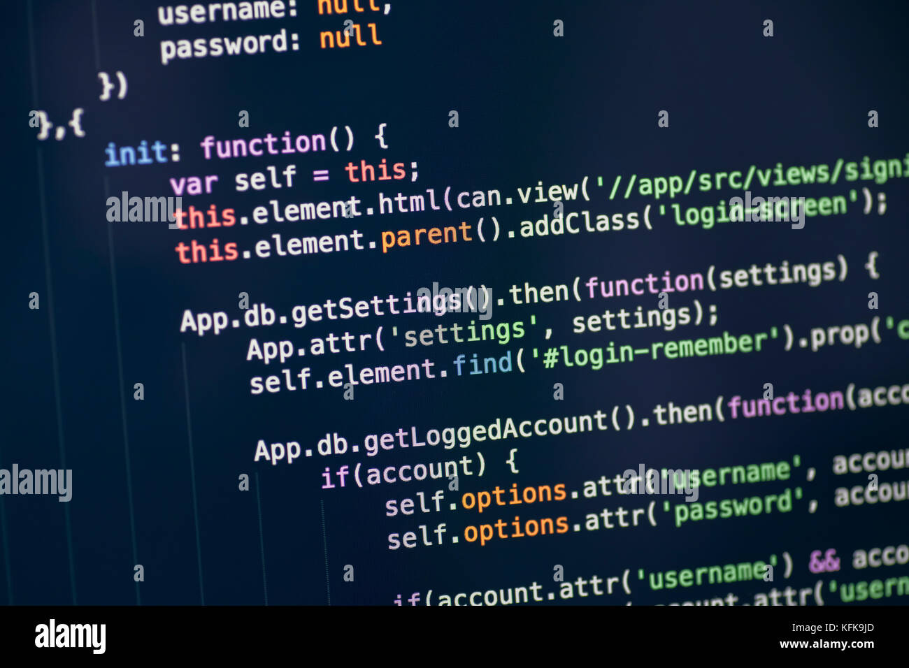 Code syntax on a computer screen Stock Photo