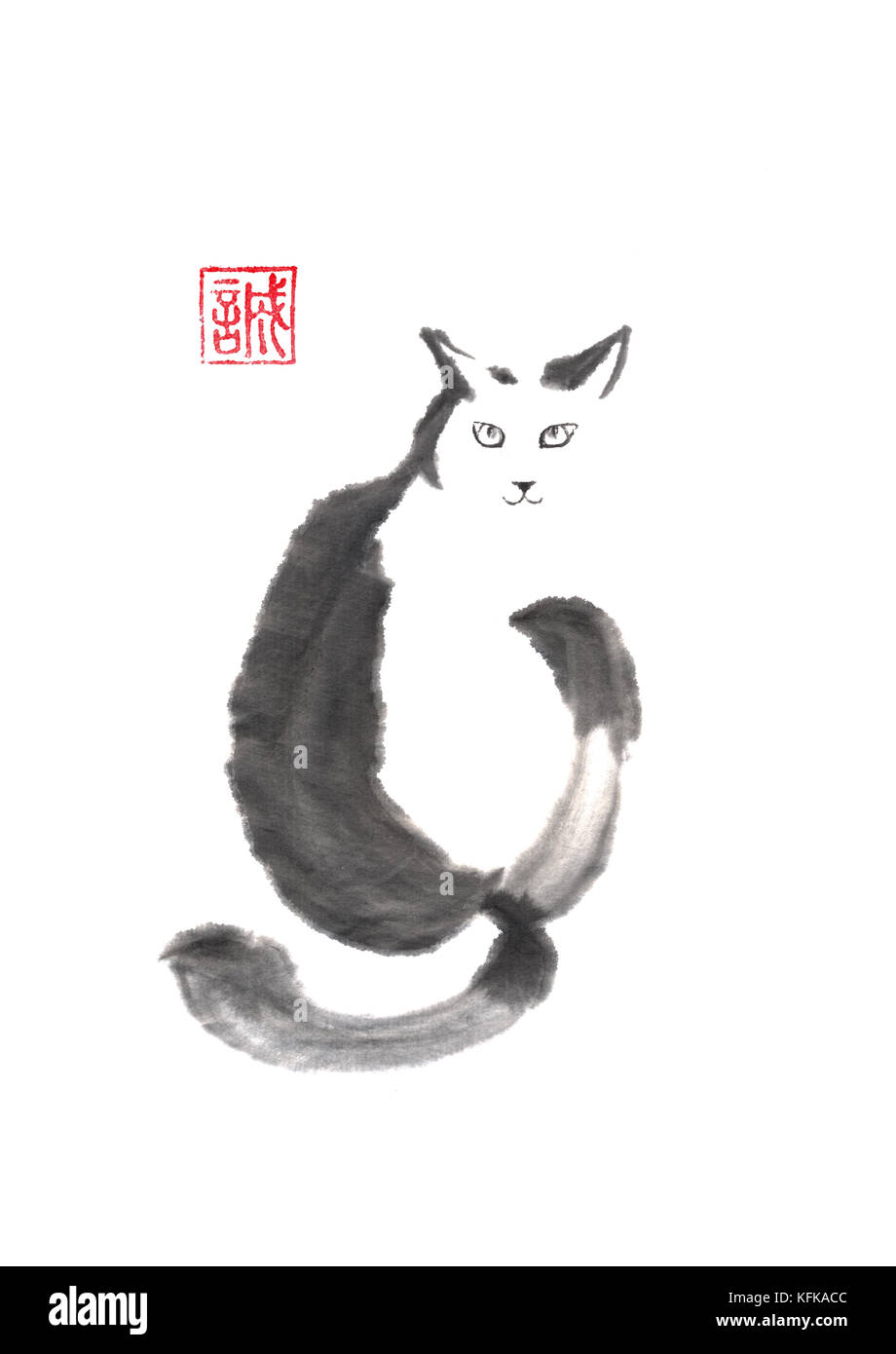 Cat looking back Japanese style original sumie ink painting