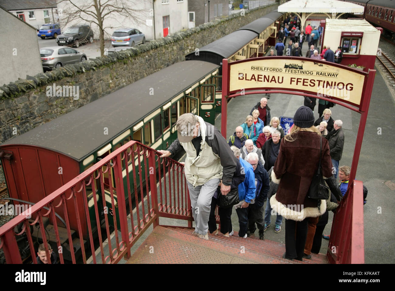 Passengers at Blaenau Ffestiniog narrow gauge railway station, Wales