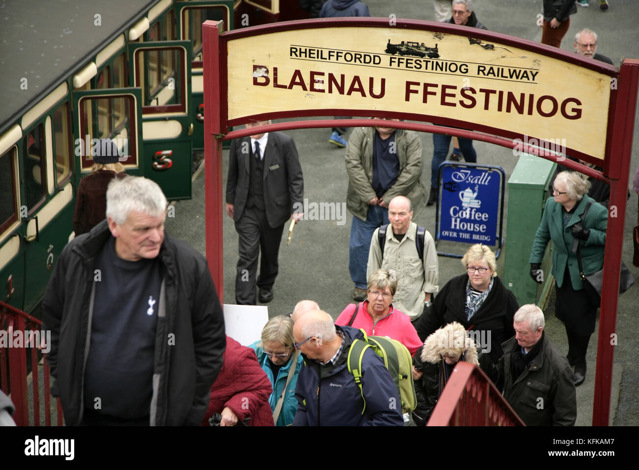 Passengers at Blaenau Ffestiniog narrow gauge railway station, Wales