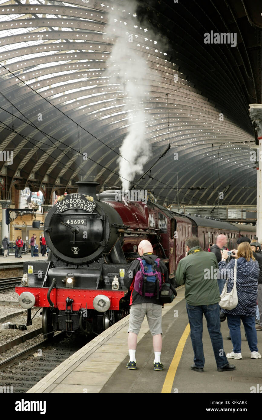 Jubilee class steam locomotive 45699 'Galatea' at York station, UK with the Scarborough Spa Express charter train Stock Photo