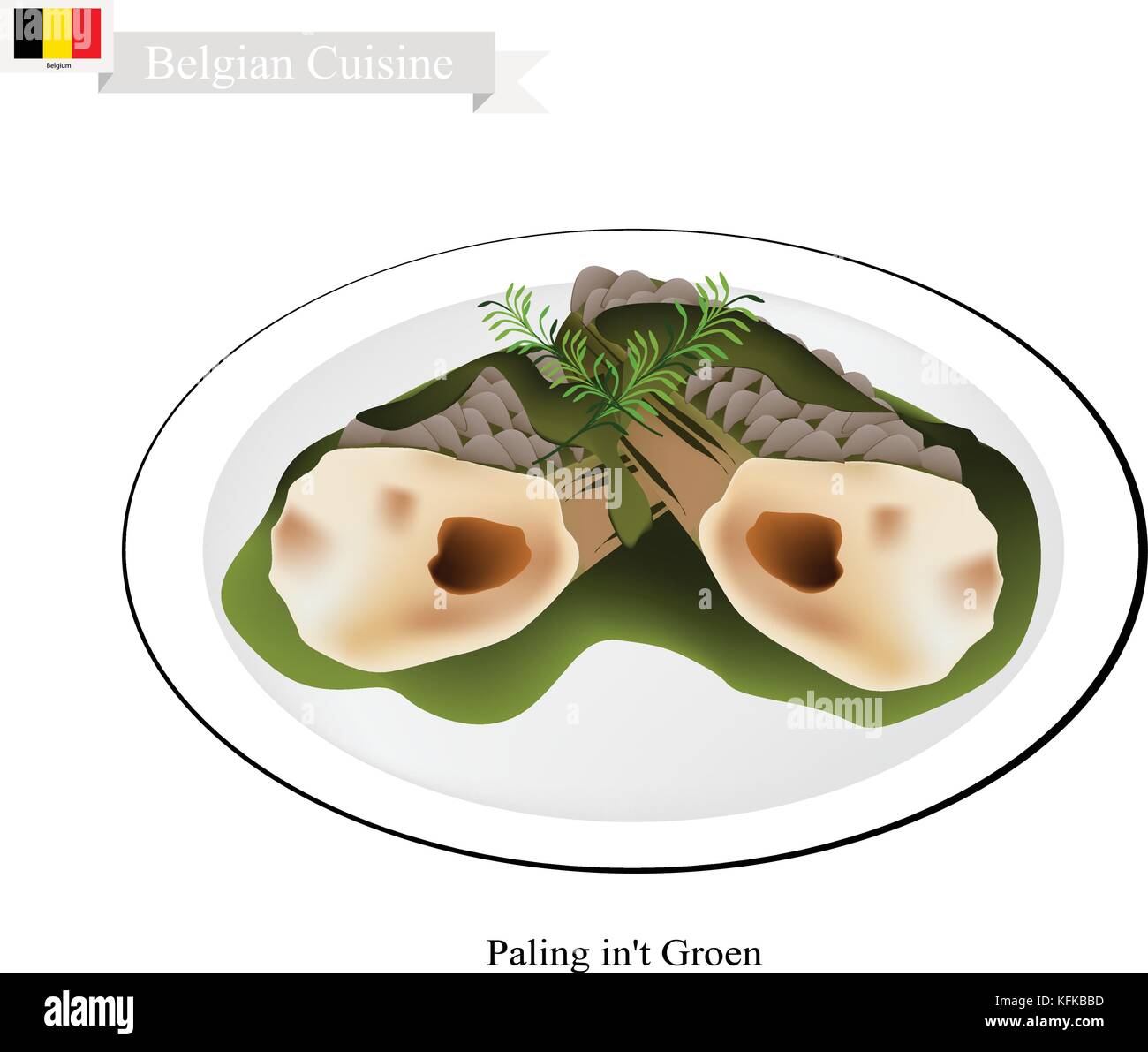 Belgian Cuisine, Illustration of Paling in't Groen or Traditional Steamed Eel in Green Spinach and Chervil Sauce. One of The Most Famous Dish in Belgi Stock Vector