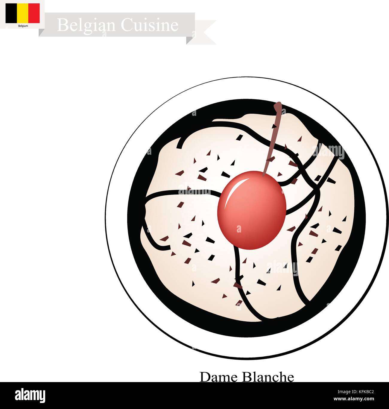 Belgian Cuisine, Dame Blanche or Traditional Vanilla Ice Cream with Berry and Chocolate Syrup. One of Tha Most Popular Dessert in Belgium. Stock Vector