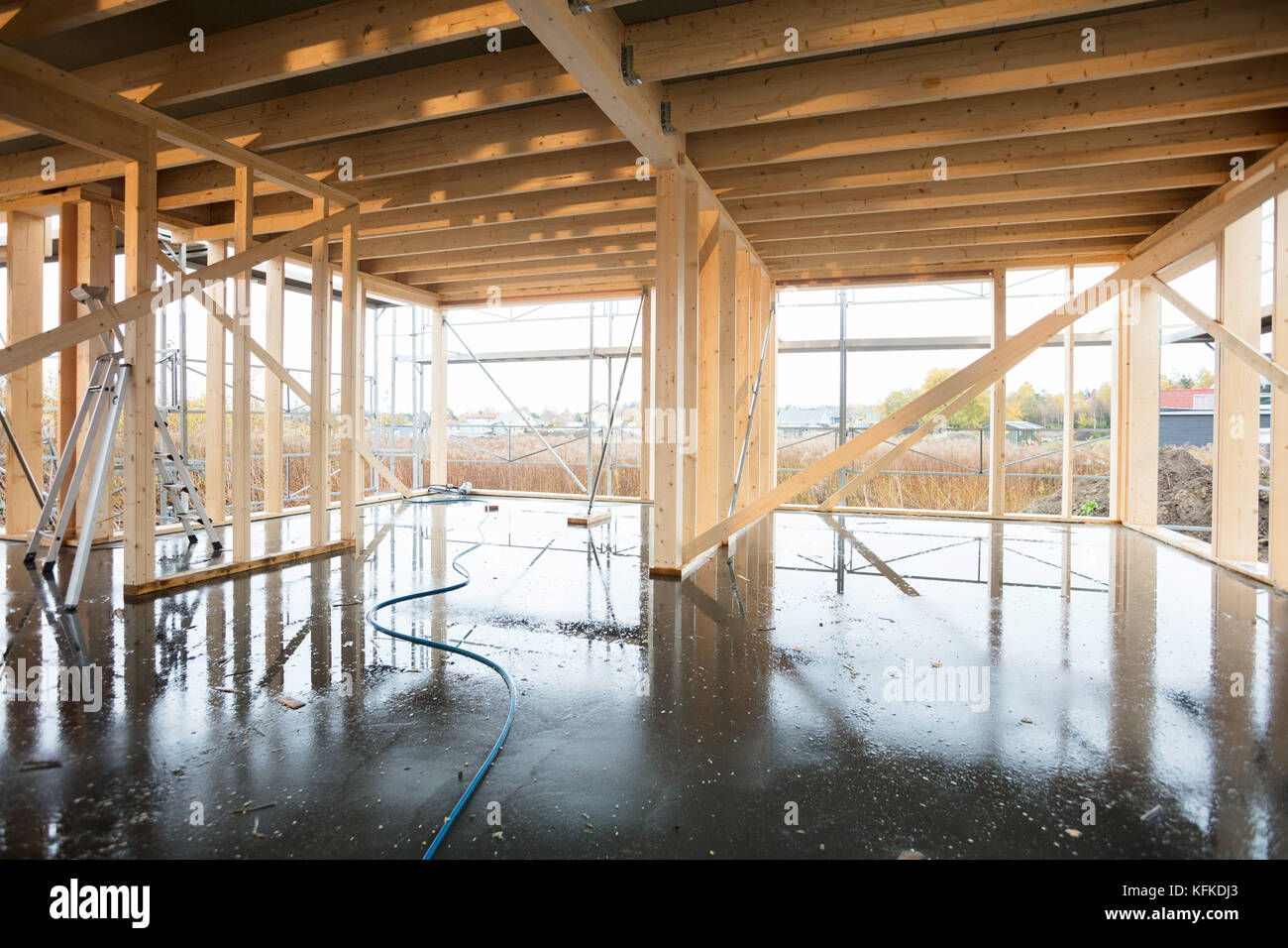 Wooden Building With Wet Flooring Stock Photo Alamy