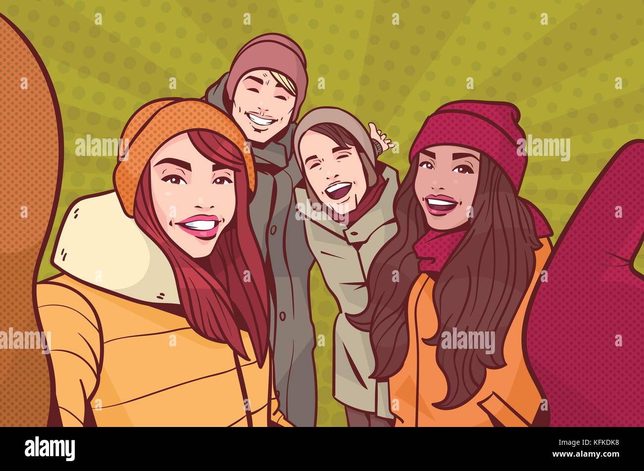 Group Of Young People Making Selfie Photo Wearing Winter Clothes Over Colorful Retro Style Background Mix Race Man And Woman Happy Smiling Take Self Portrait Stock Vector