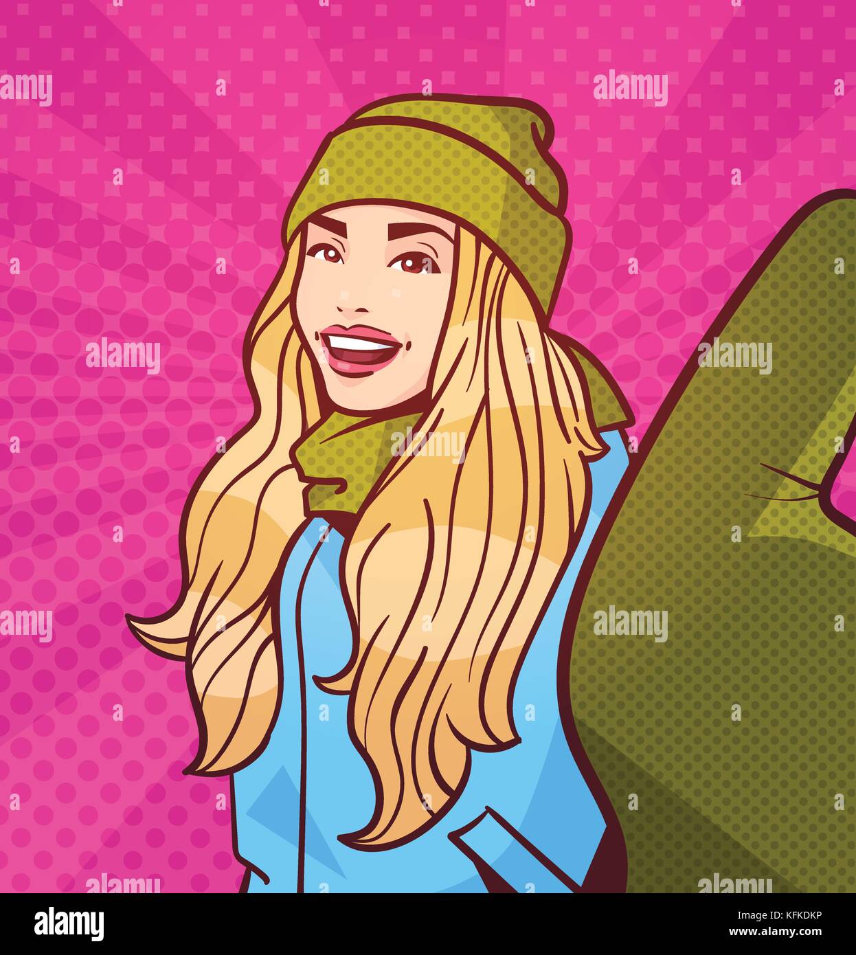 Young Woman In Winter Clothes Take Selfie Photo Over Colorful Retro Style Background Stock Vector