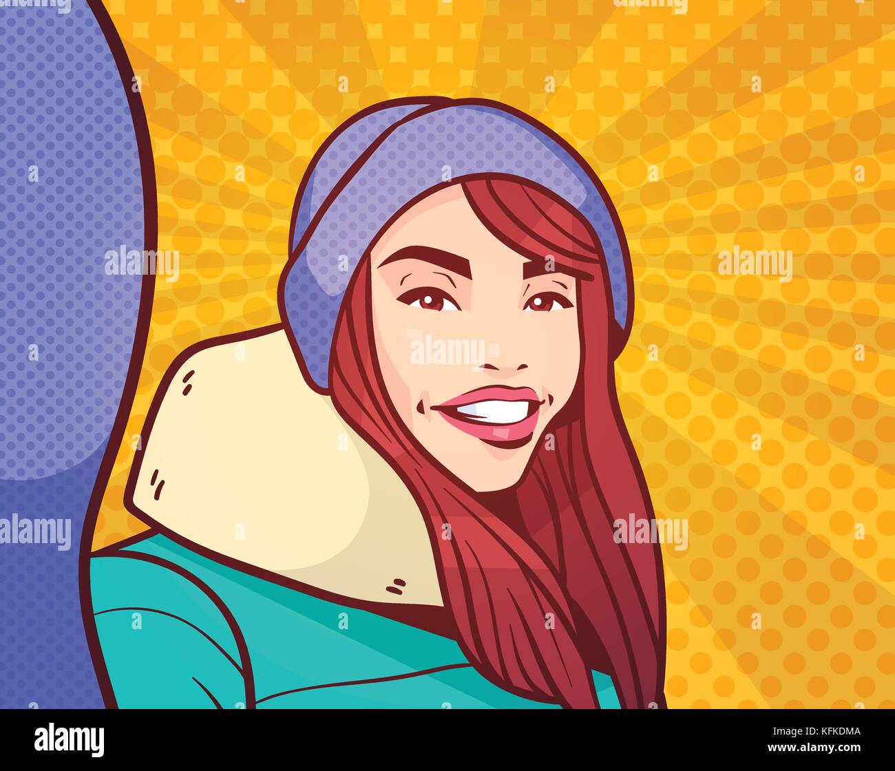Young Woman Making Selfie Photo Portrait Wearing Winter Clothes Over Colorful Retro Style Background Stock Vector