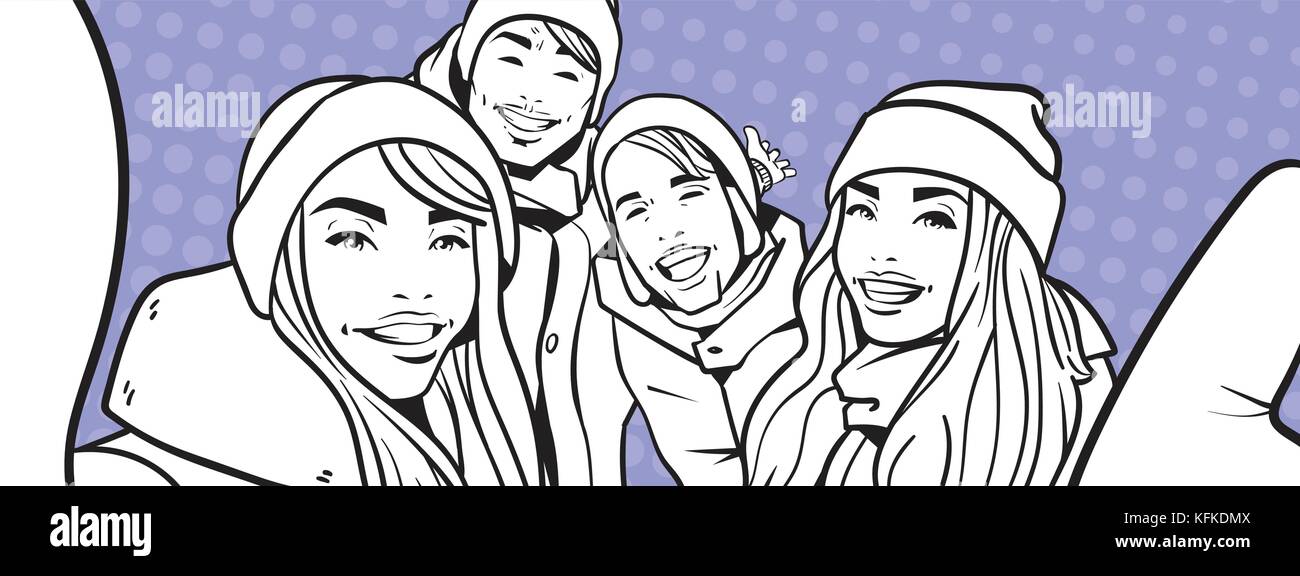 Sketch Of Young People Group Making Selfie Photo Wearing Winter Clothes Over Colorful Retro Style Background Mix Race Man And Woman Happy Smiling Take Self Portrait Stock Vector