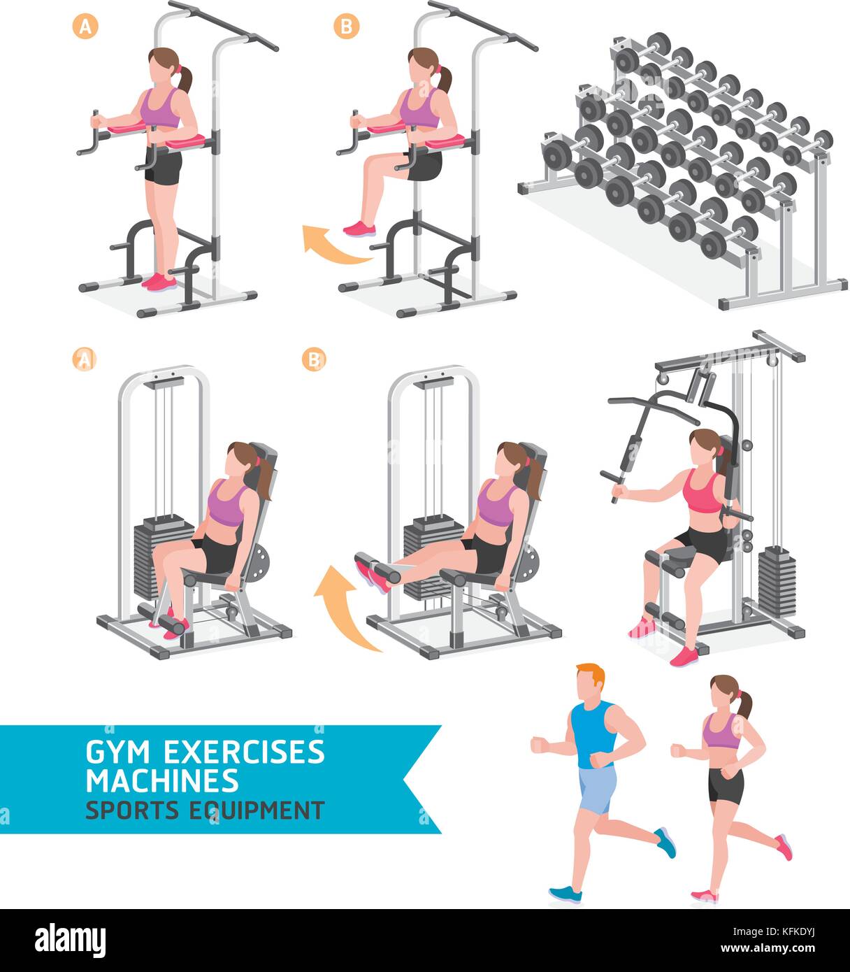 Gym exercises machines sports equipment. Vector Illustration Stock