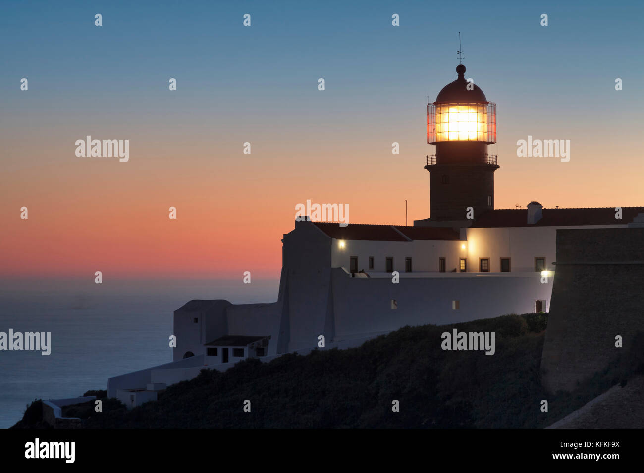 Lighthouse at sunrise, Cape Saint Vincent, Cabo de Sao Vicente, Sagres ...