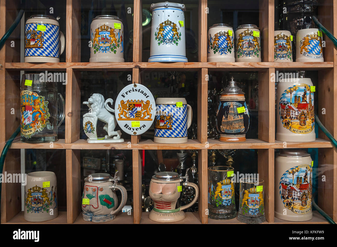 Various beer mugs with Bavarian motifs for sale, Munich, Upper Bavaria, Bavaria, Germany Stock