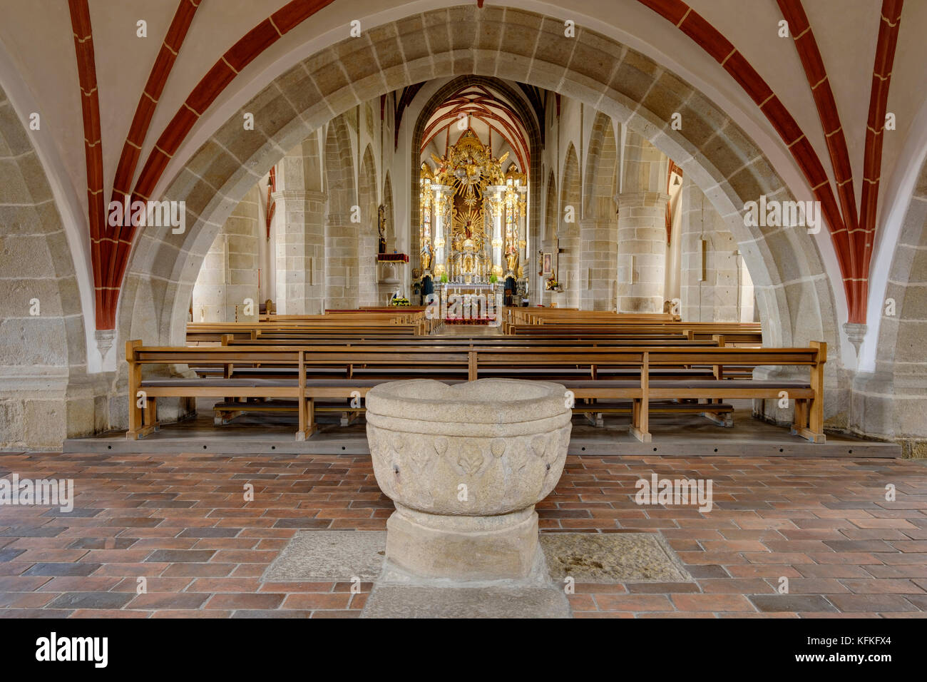 Romanesque baptismal font, parish church of the Assumption of the Virgin Mary, Chammünster, near Cham, Bavarian Forest Stock Photo