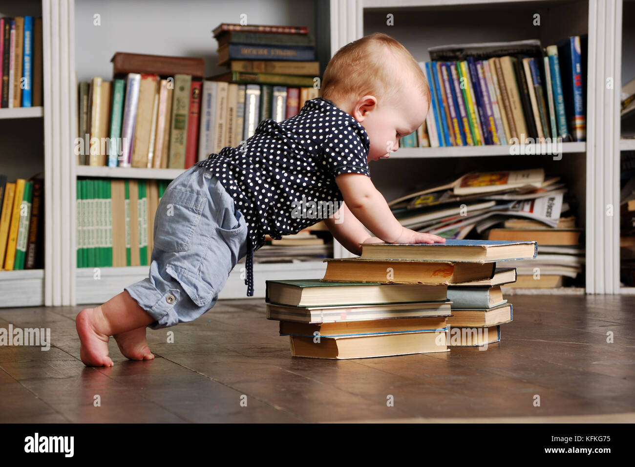 Eight months old toddler baby playing with books Stock Photo Alamy