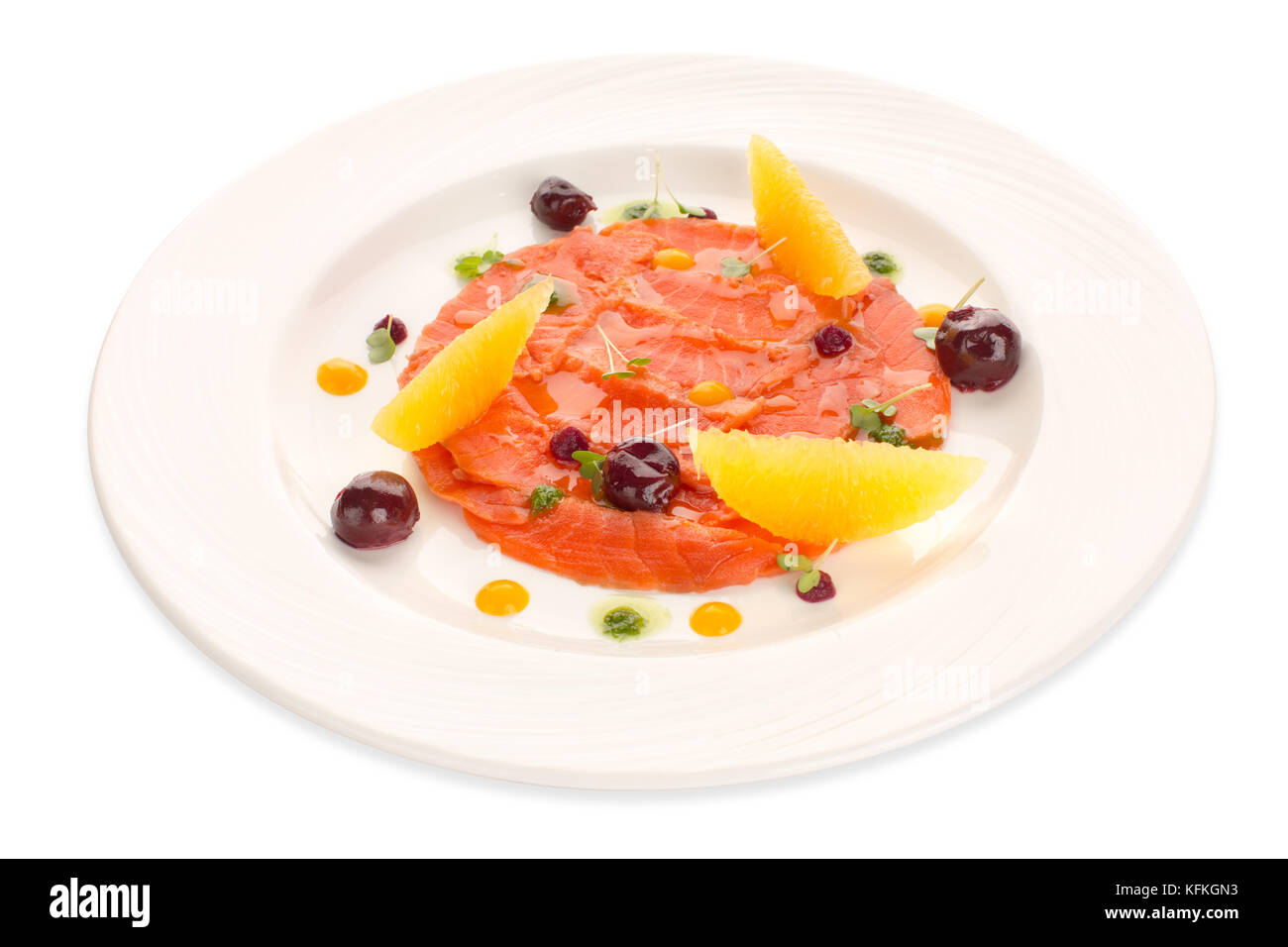 Molecular modern cuisine red fish in dish garnish Stock Photo