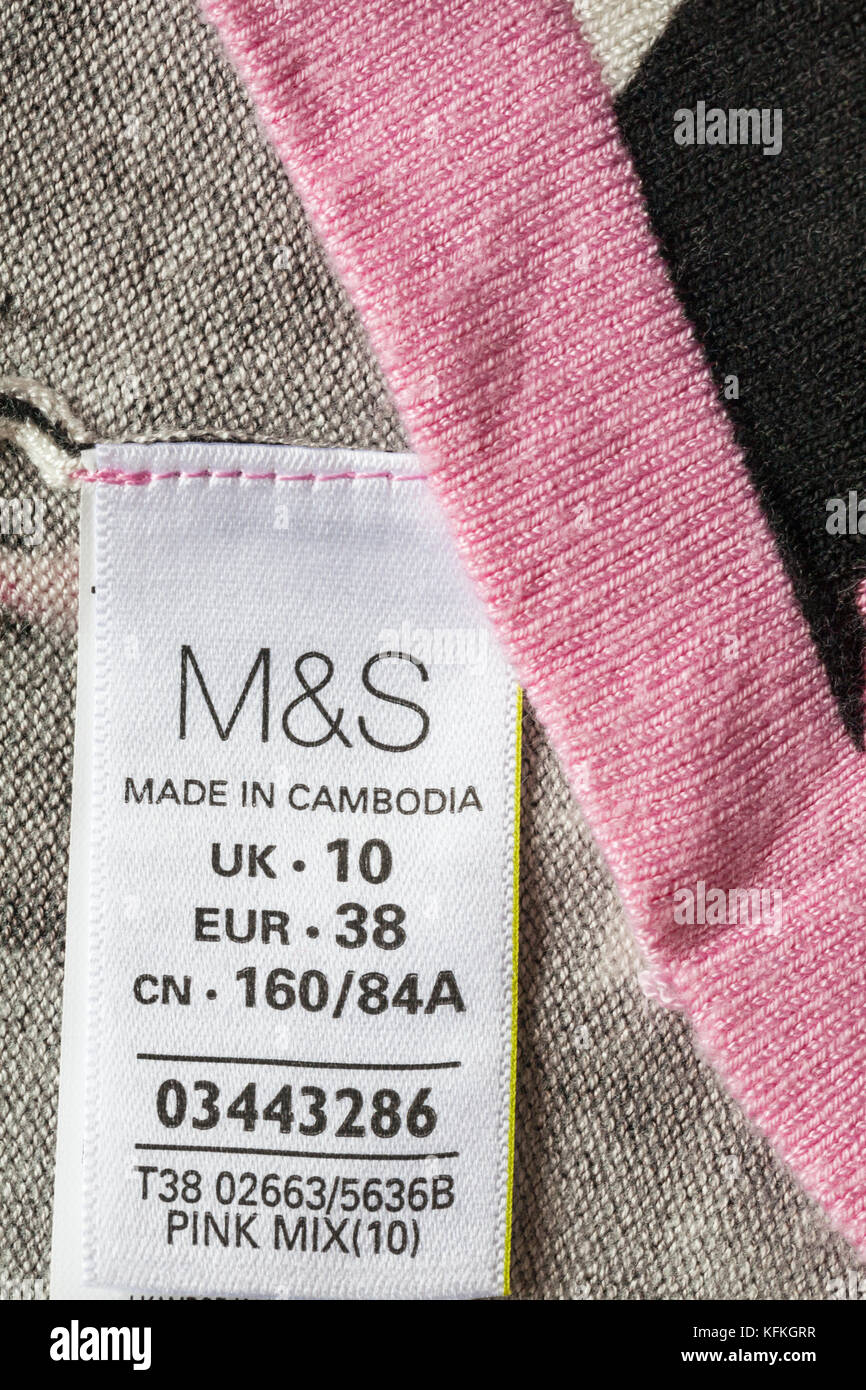 M&S label in woman's top made in Cambodia  size UK 10 - sold in the UK United Kingdom, Great Britain Stock Photo