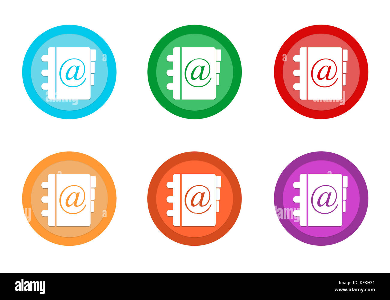 Set of rounded colorful buttons with address book symbol in blue, green ...