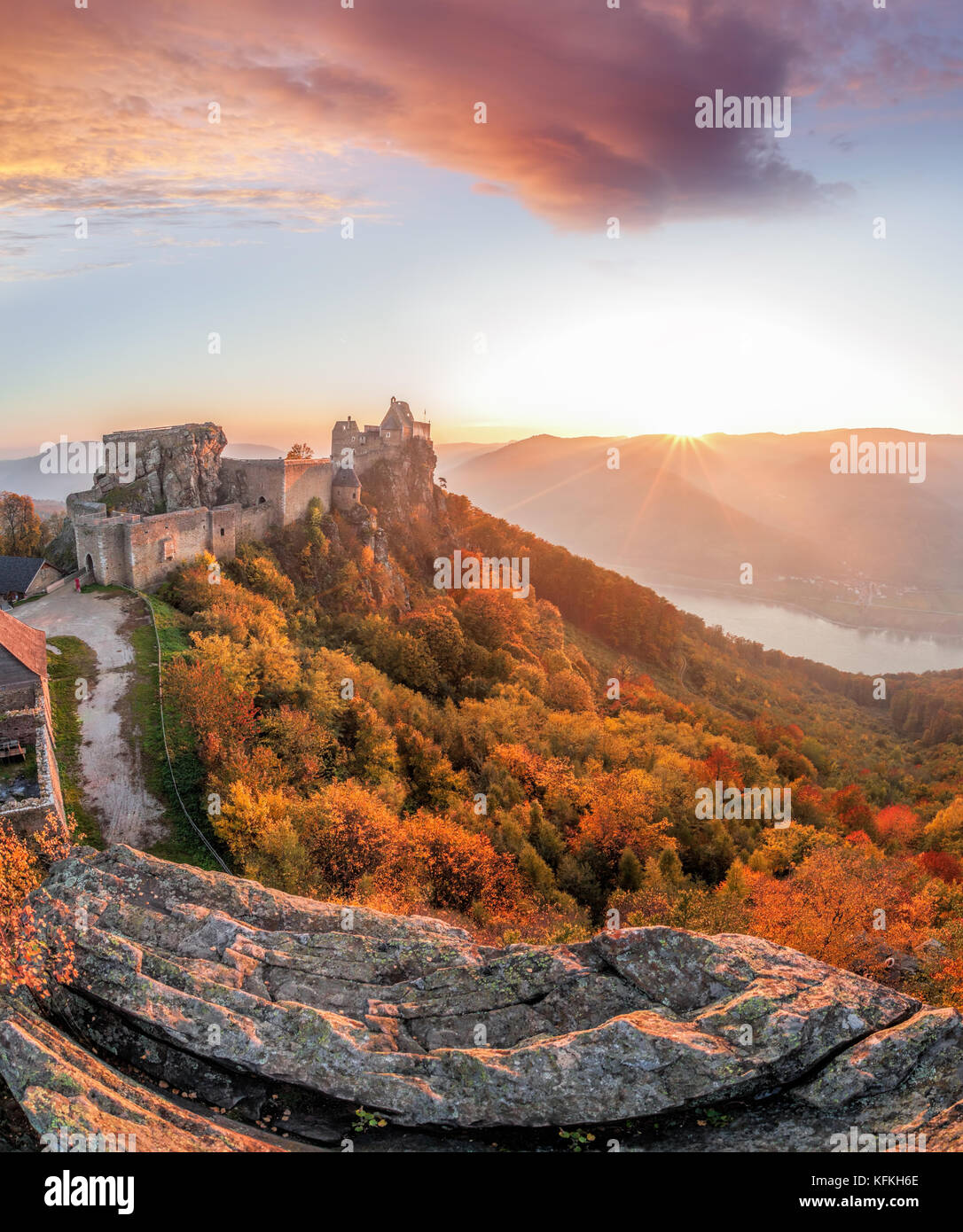 Aggstein castle with autumn forest in Wachau, Austria Stock Photo