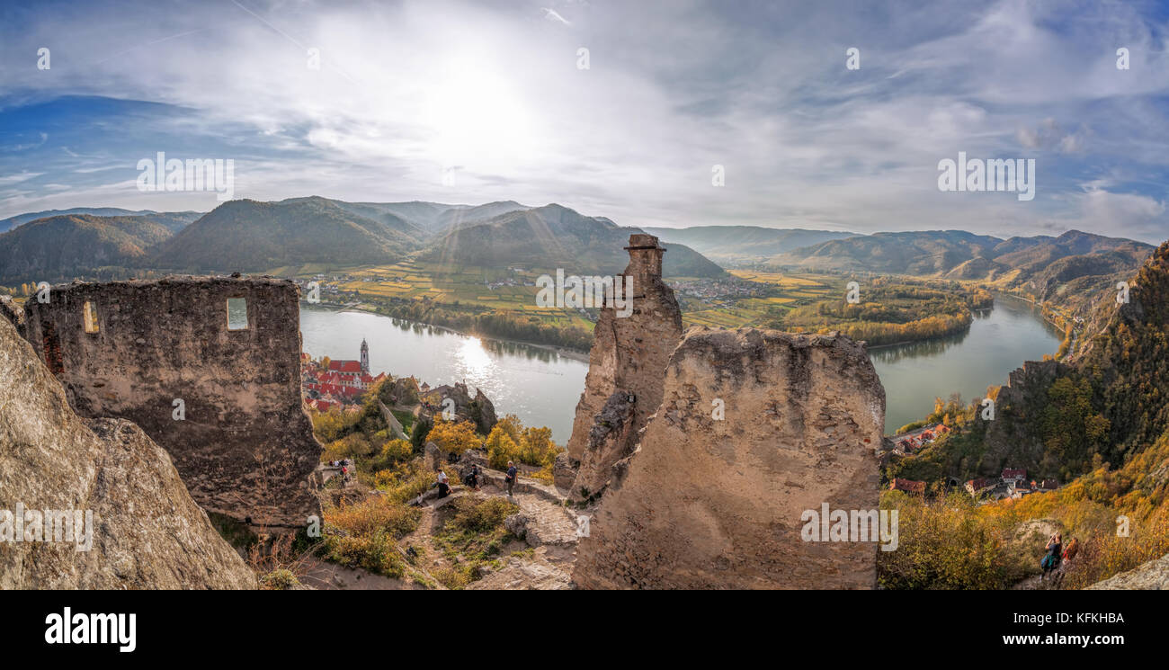 DUERNSTEIN CASTLE AND VILLAGE WITH DANUBE RIVER IN AUSTRIA Stock Photo