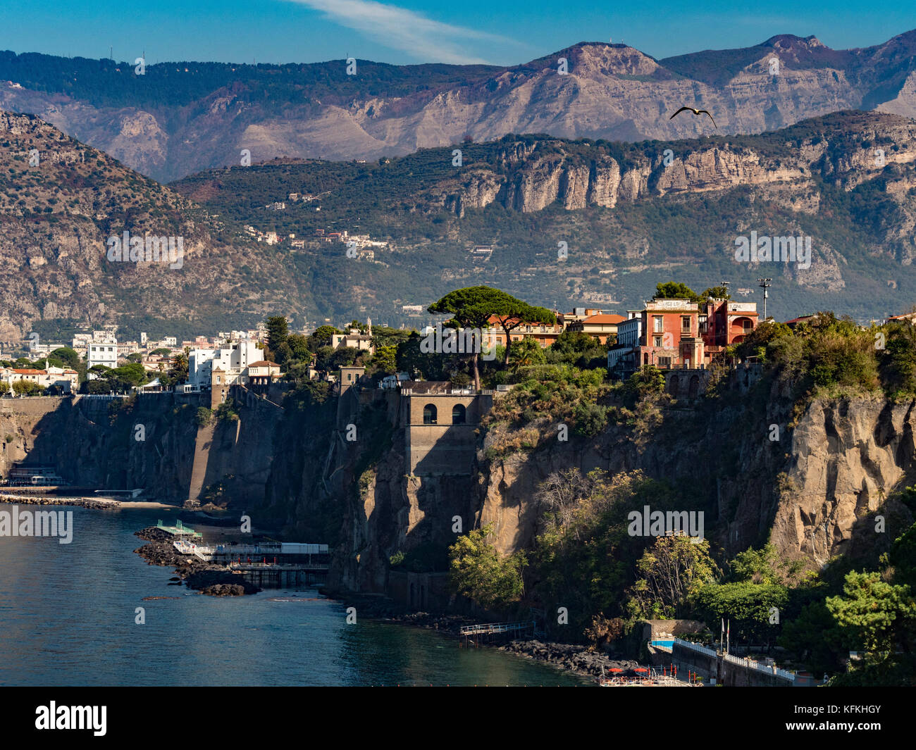 View from Marina Piccola of the Sorrento coastline with clifftop buildings. Sorrento, Italy Stock Photo