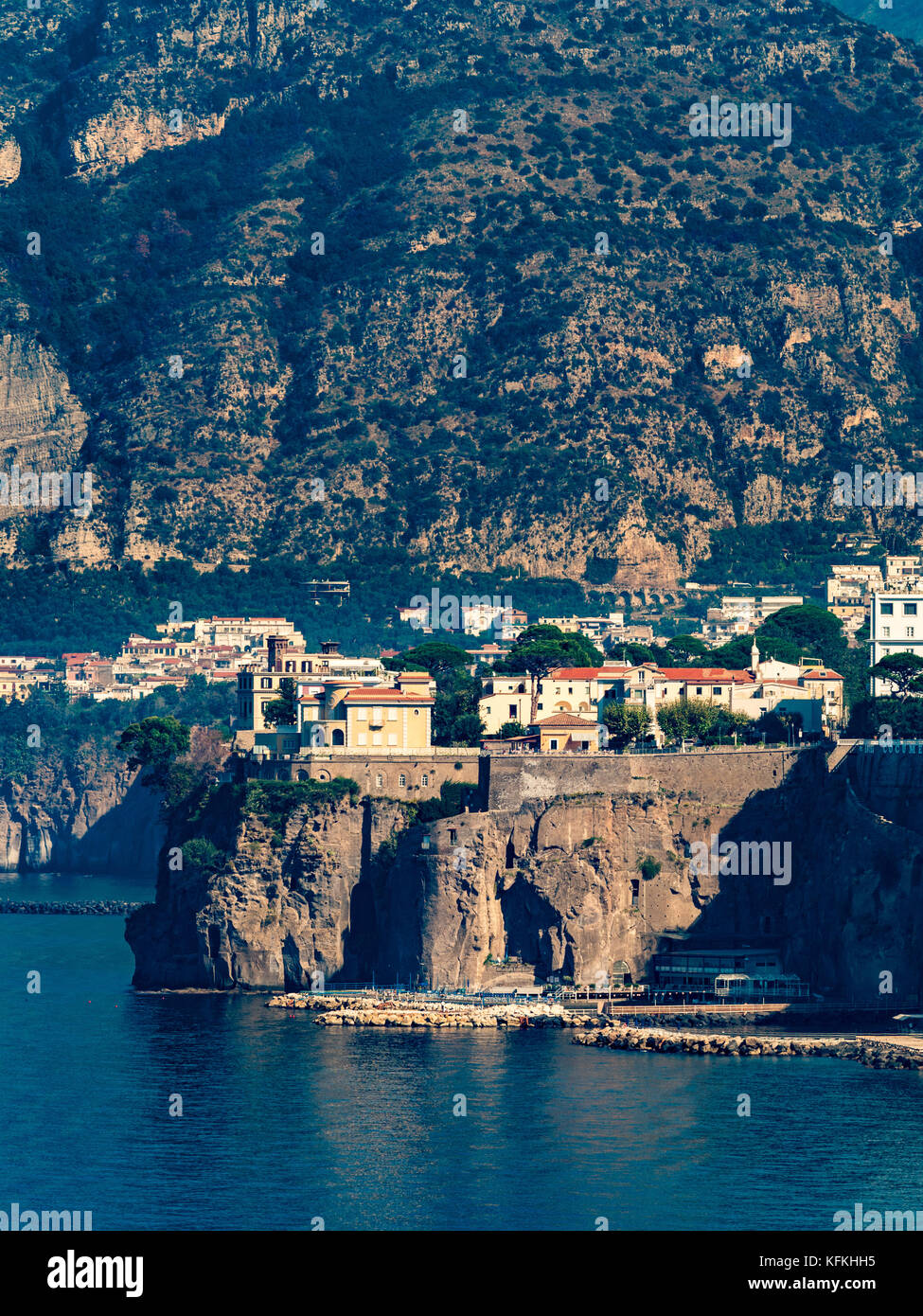 View from Marina Piccola of the Sorrento coastline with clifftop buildings. Sorrento, Italy Stock Photo